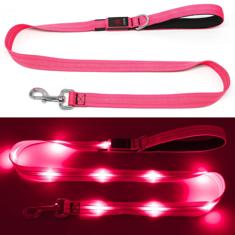 4 Ft Led Dog Leash, Rechargeable Light Up Dog Leash Waterproof, Safety Glow in The Dark Dog Leash for Night Walking, Nylon Reflective Leashes with Padded Handle for Small Medium Large Pets Pink