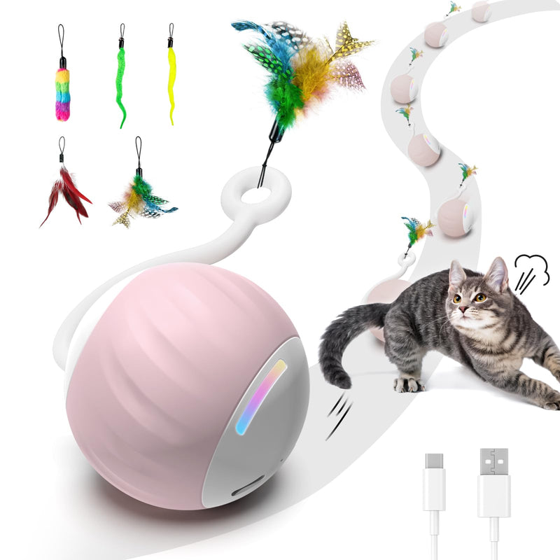 Turbo Tail Cat Toy Interactive Cat Balls Cat Toys For Indoor Cats, Turbo Tail Mouse Cat Toy With LED Rainbow Lights Feathers & USB Charging Cable, Touch Control And Sound Control Smart Cat Ball Toy A2- Pink - PawsPlanet Australia