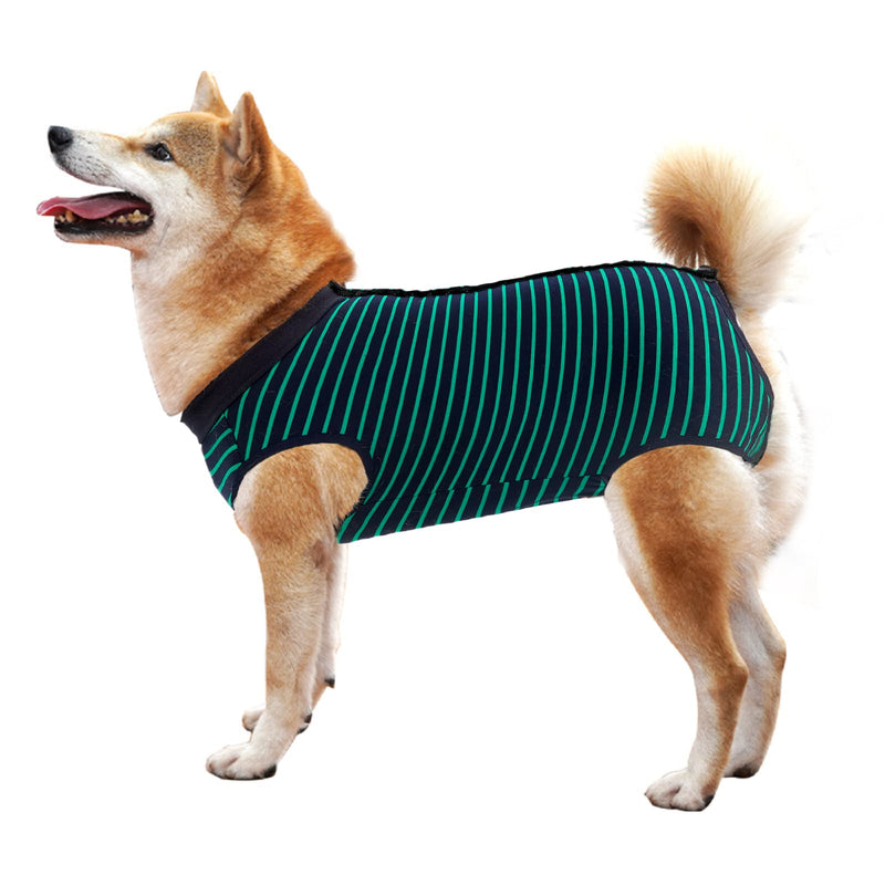 LIANZIMAU Dog Surgical Recovery Suit Onesie Breathable Abdominal Wounds and Protect Skin Anti Licking Cone E Collar Alternative After Post-Operation Wear L Green stripe - PawsPlanet Australia