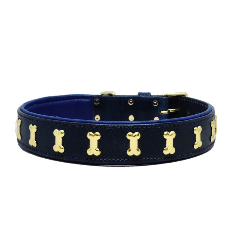 Premium Genuine Leather Luxury Dog Collar -Walking Running Training Purposes - Durable Strong Adjustable Male Female Dogs (L (17"-20"), Blue/Golden) L (17"-20") - PawsPlanet Australia