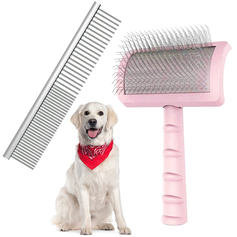 Firm Pet Grooming Kit: 25mm Extra Long Pin Brush for Goldendoodles, Wire Deshedding Brush, Removes Loose Hair & Undercoat (Pink) pink-comb2