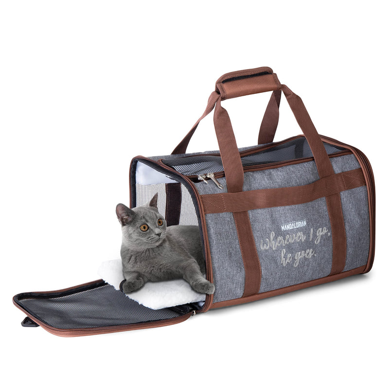 Star Wars for Pets The Mandalorian Soft Pet Carrier “Wherever I go, he goes” Gray & Brown | for Pets 15 x 9 x 9 Dog Travel Bag| Luggage Carrier for Dogs, Fits Under Plane Seat (FF19733) Mandalorian Carrier 15.0"L x 9.0"W x 9.0"H - PawsPlanet Australia