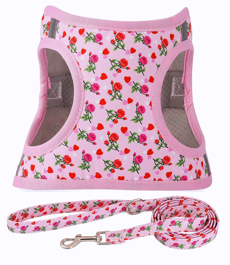 Moonpet Step in Valentine's Day Dog Harness Leash Set- All Weather Reflective No-Pull Floral Pattern Padded Mesh Vest Harness for Cats Puppy Extra-Small Small Medium Large Dogs - Heart Rose - XXS XXS:neck 10.2’’-11.8’’,chest 13’’-14.5’’ - PawsPlanet Australia