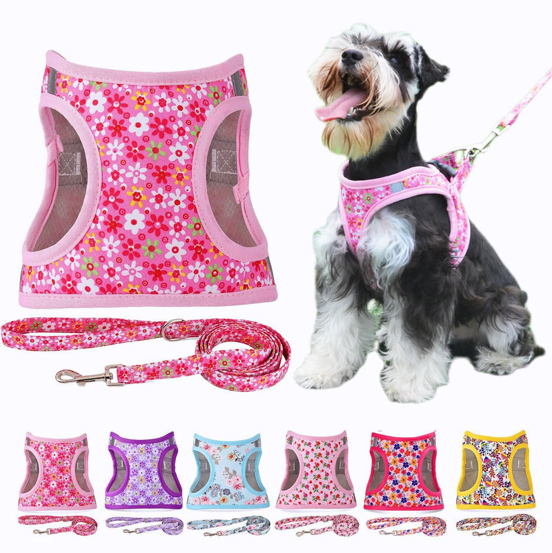 Moonpet Step in Dog Harness Leash Set- All Weather Reflective No-Pull Floral Pattern Padded Mesh Vest Harness for Cats Puppy Extra-Small Small Medium Large Dogs - Pink Flower - XS XS:neck 13.4’’-15.3’’,chest 15.7’’-18.5’’ - PawsPlanet Australia