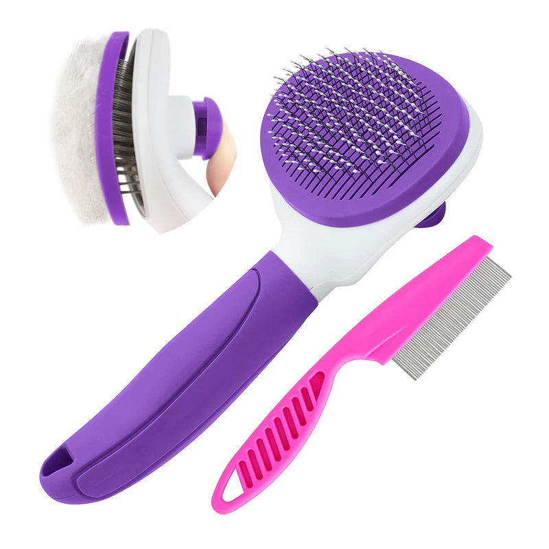Cat Brushes for Indoor Cats, Dog Brush for Shedding with Metal Cat Comb, Self Cleaning Pet Hair Brush with Release Button for Grooming Kitten(Purple) Purple - PawsPlanet Australia
