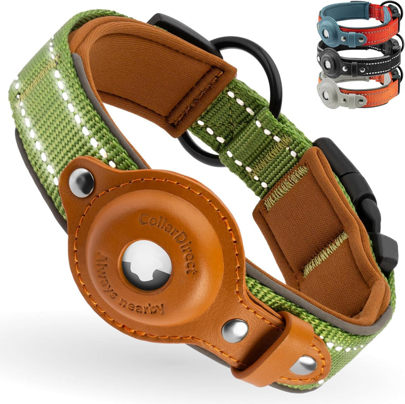 Airtag Dog Collar, CollarDirect, Reflective Dog Collar for Apple Air Tag for Large, Medium, and Small Dogs, Black, Green, Pink (L, Green) Large 16.5"-20" - PawsPlanet Australia