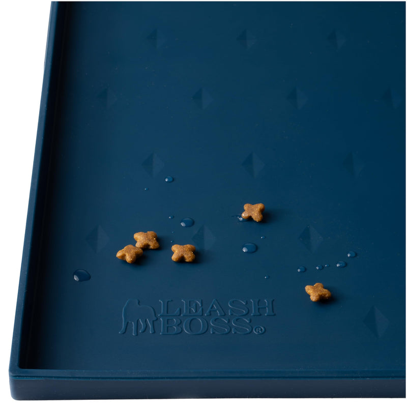 Leash Boss Dog Food Mat - Waterproof Cat & Dog Bowl Mat for Food and Water, Silicone Pet Feeding Mats for Floors, Non-Slip Placemat with High Edges, Puppy Essentials (XL: 25"x17", Navy) XL - 25" x 17"