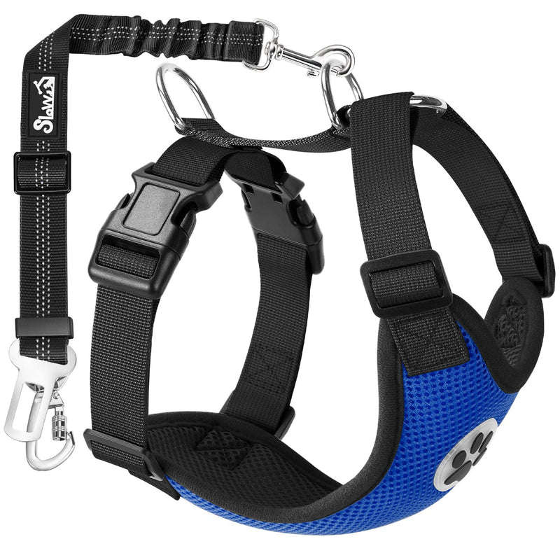 SlowTon Dog Seat Belt Harness for Car, Dog Car Harness Adjustable Mesh Breathable & Dog Seatbelt Safety Tether with Elastic Bungee for Small Medium Large Pets(Blue, Double Clip, L) L-Blue - PawsPlanet Australia