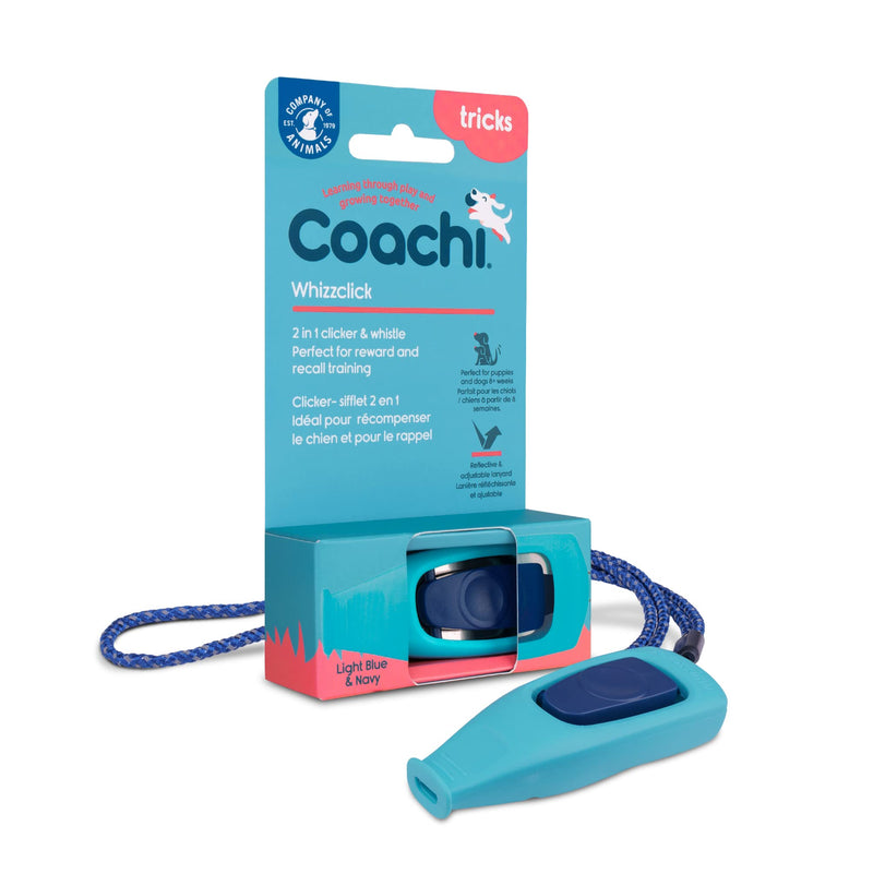 Coachi Whizzclick, 2-in-1 Combined Clicker and Whistle, Dog Training Whistle for Recall and Clicker Training for Rewarding, Adjustable and Reflective Lanyard, Suitable for Dogs and Puppies Light Blue - PawsPlanet Australia