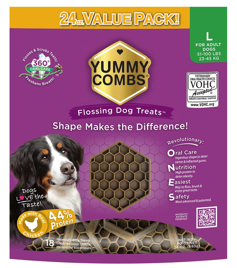Yummy Combs Dog Dental Treats – Vet VOHC Approved – Delicious Chicken Protein – Removes Tartar with Cleaning Comb Shape – Dental Dog Treats for Large Dogs (24oz, 18 Count) 24 Ounce