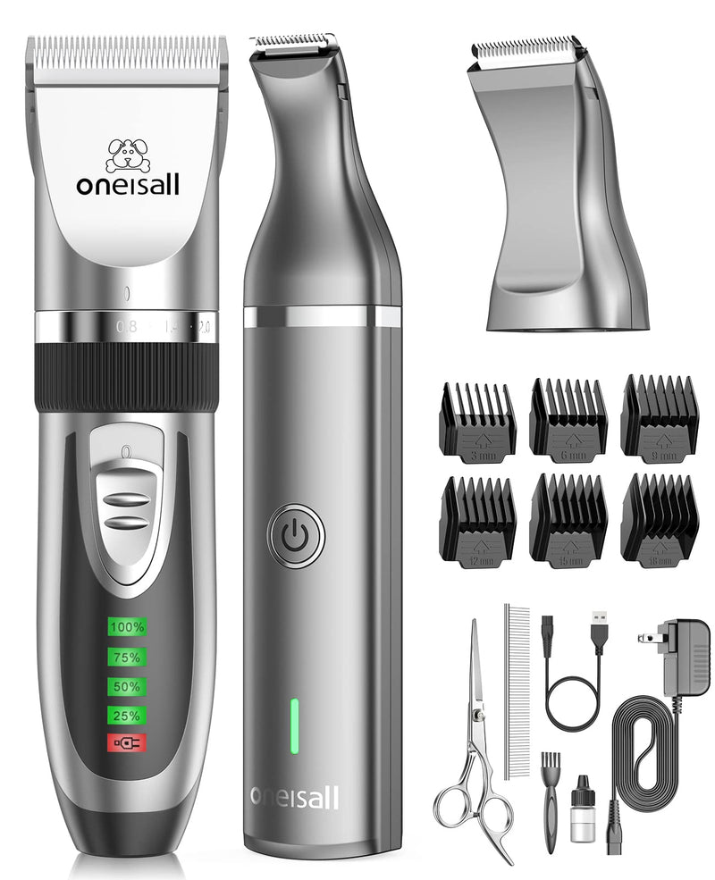 oneisall 2 in 1 Pet Cat & Dog Grooming Kit - Quiet Cordless Dog Clippers & Paw Trimmer for Grooming Pet Hair Silver - PawsPlanet Australia