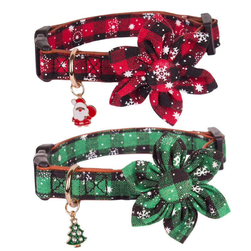 ADOGGYGO Christmas Dog Collar with Removable Flower, Classic Buffalo Plaid Snowflake Pet Xmas Collar, Adjustable Red Green Christmas Collars for Large Dogs (Large) Floral - PawsPlanet Australia