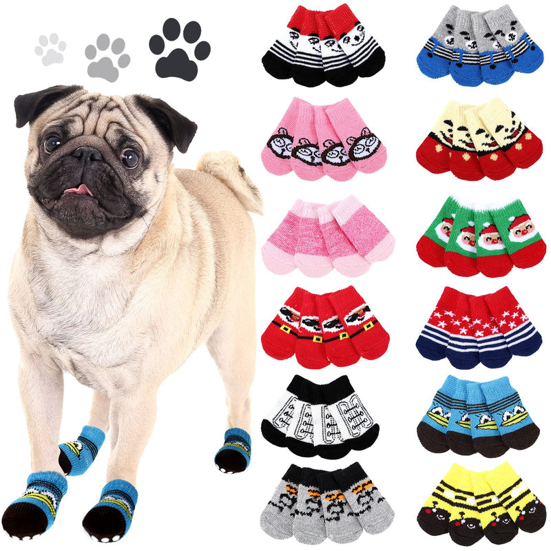48 Pieces Dog Socks for Small Medium Dogs Non Slip Anti Slip Skid Pet Puppy Doggie Grip Socks Paw Protectors Indoor Traction Control Socks for Hardwood Floor Protection, 12 Styles