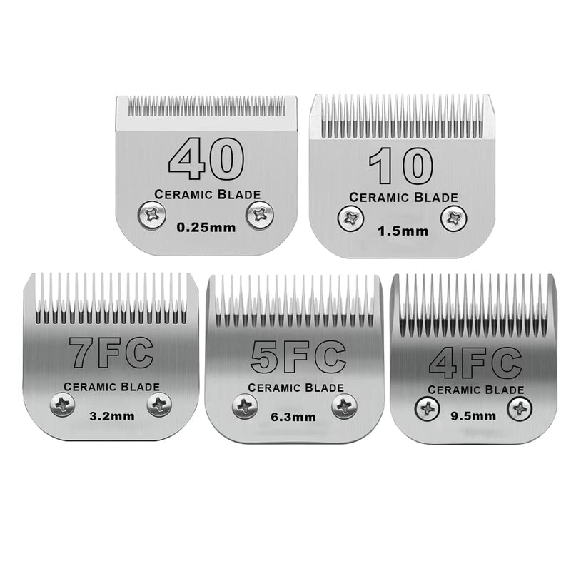 Size 40/10/7F/5F/4F Detachable Pet Dog Grooming Clipper Ceramic Blades Set,Compatible with Andis,Oster A5,Wahl KM10 Series Clippers,Cut Length 1/100"(0.25mm) to 3/8"(9.5mm),5 Pack 40+10+7FC+5FC+4FC - PawsPlanet Australia