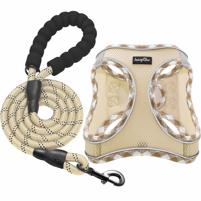 haapaw Dog Harness with Leash Set, No Pull Adjustable Reflective Step-in Puppy Harness with Thickened Padded Vest for Extra-Small/Small Medium Dogs S Beige - PawsPlanet Australia