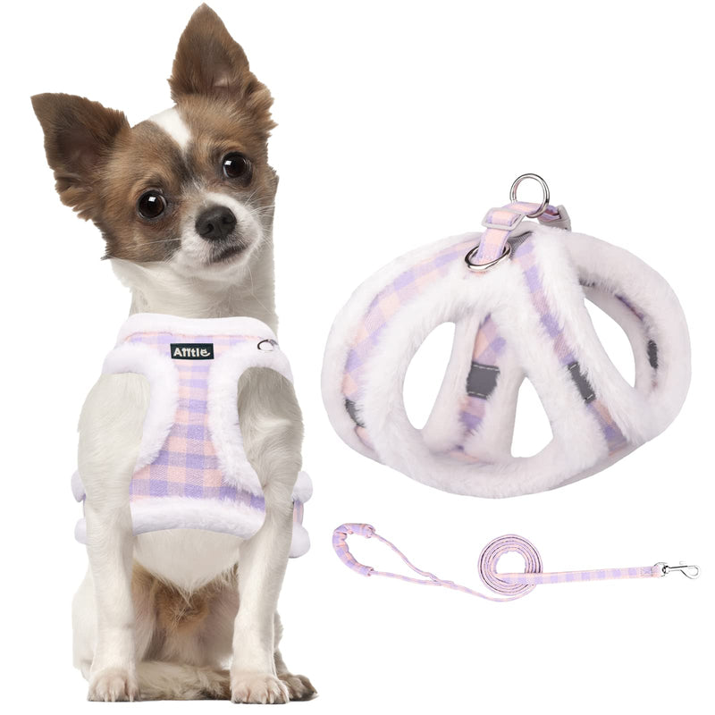 AIITLE Reflective Plush Dog Winter Harness and Leash Set - Breathable Plaid Dog Vest Warm Dog Harness - Fleece Lined Dog Vest for Cold Weather, Easy to Put on Small and Medium Dogs Purple S Purple Pink Plaid - PawsPlanet Australia