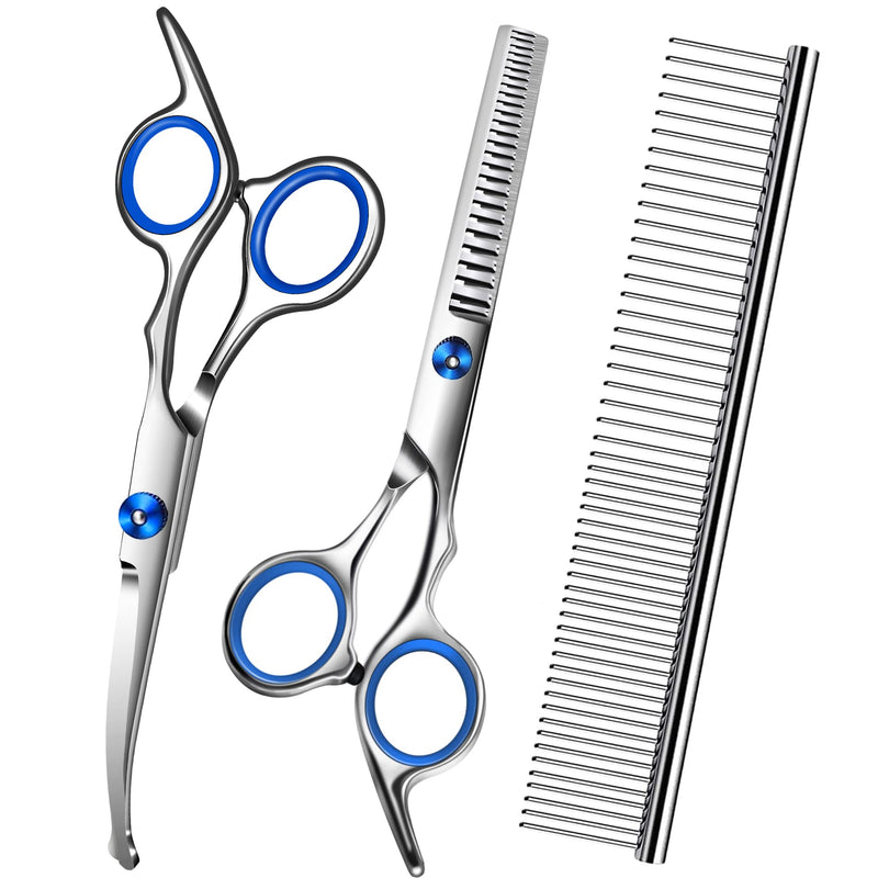 Dog Scissors for Grooming with Safety Round Tip,Dog Grooming Kit,Dog Shears Set,Incude Thinning,Curved Grooming Scissors and Comb for Pets.Suitable for The Right Hand Blue 3 in 1 - PawsPlanet Australia