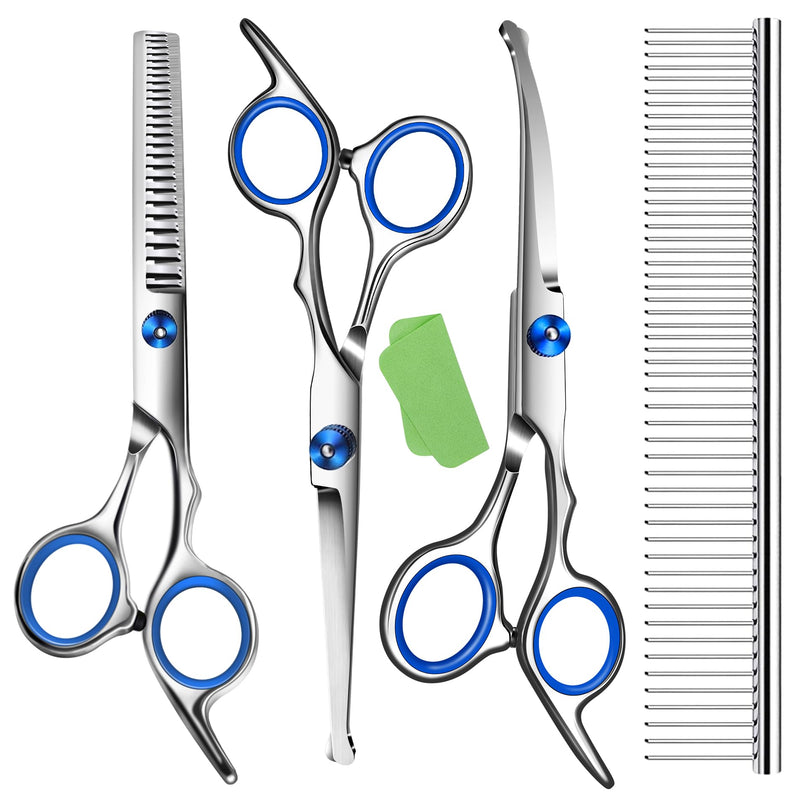 Dog Grooming Scissors with Safety Round Tip,Professional Dog Grooming Kit,Dog Hair Shears Set,Incude Thinning、 Curved、Straight Scissors and Comb.Suitable for The Right Hand Blue 5 in 1 - PawsPlanet Australia