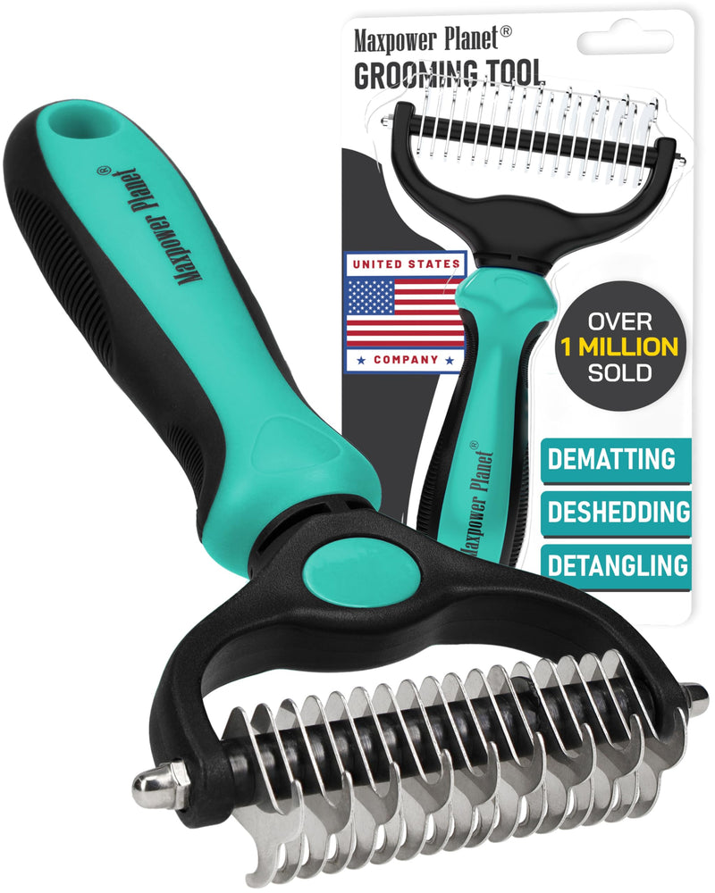 Maxpower Planet Hair Brush - Double Sided Shedding, Dematting Undercoat Rake for Dogs and Cats - Extra Wide Dog Grooming Brush, Reduce Shedding by 95%, Turquoise Large - PawsPlanet Australia