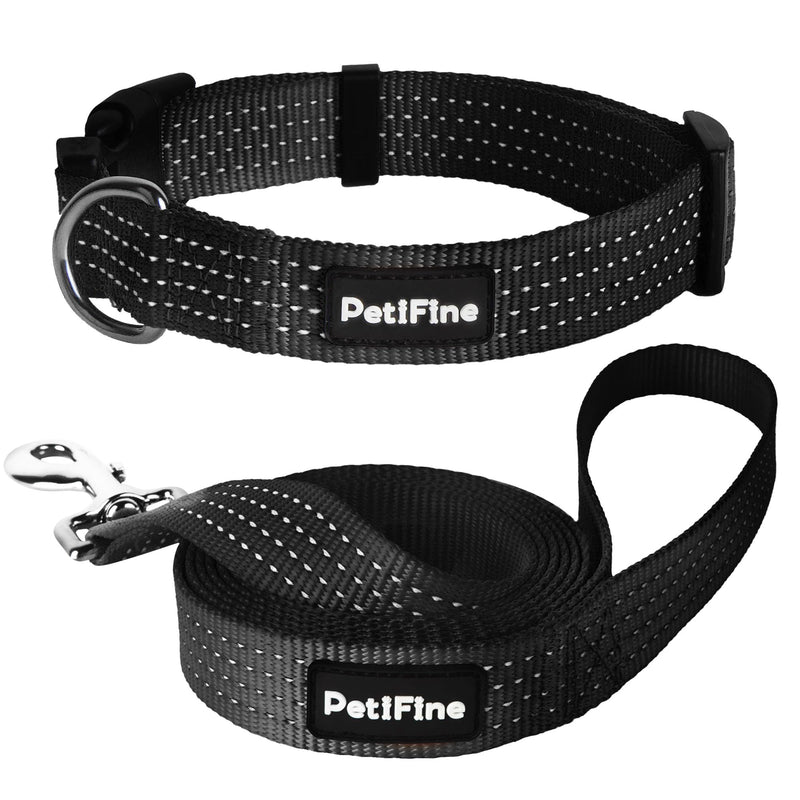 PetiFine Reflective Dog Collar, Adjustable Classic Nylon Dog Collars for Small/Medium/Large Dogs, High Visibility Dog Collars with Quick Release Buckle (Collar+Leash L, Black) Large(18"-26") - PawsPlanet Australia