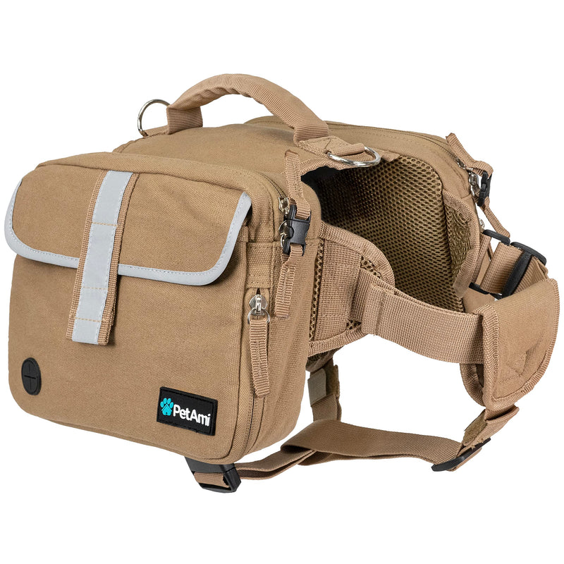 PetAmi Dog Backpack for Medium Large Dogs, Dog Saddle Bag for Dogs to Wear, Tactical Harness Saddlebag with Reflective Safety Side Pockets for Hiking, Camping, Vest Dog Pack for Travel (Tan, Medium) Tan Canvas - PawsPlanet Australia