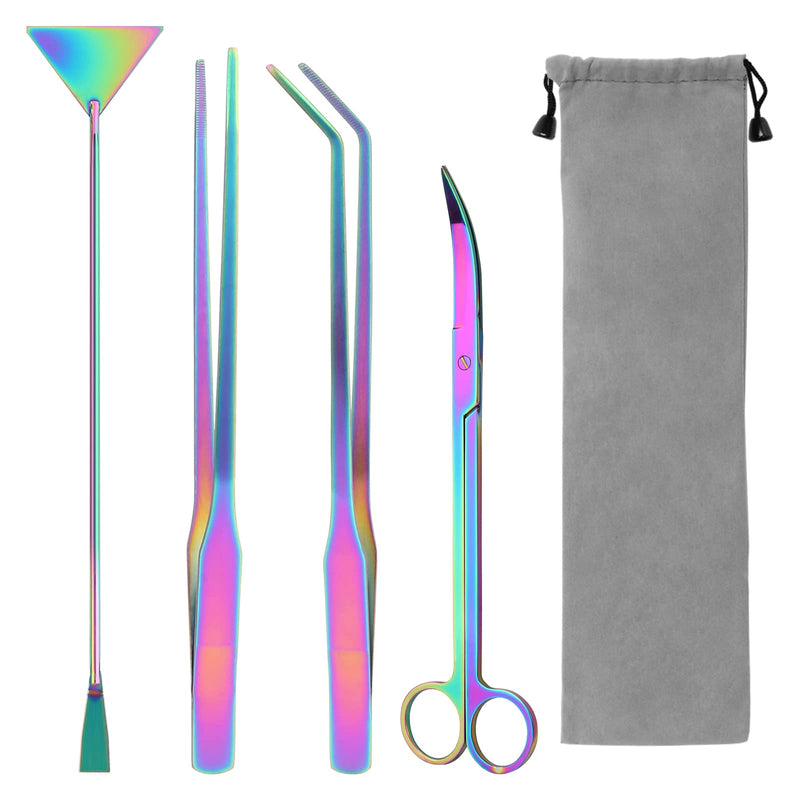 Liveek Aquarium Aquascape Tools Kit 15 in, 4in1 Anti-Rust Aquatic Plant Aquascaping Tool Stainless Steel Silver Tweezer Scissors Spatula for Aquarium Tank Clean 15in Colorful