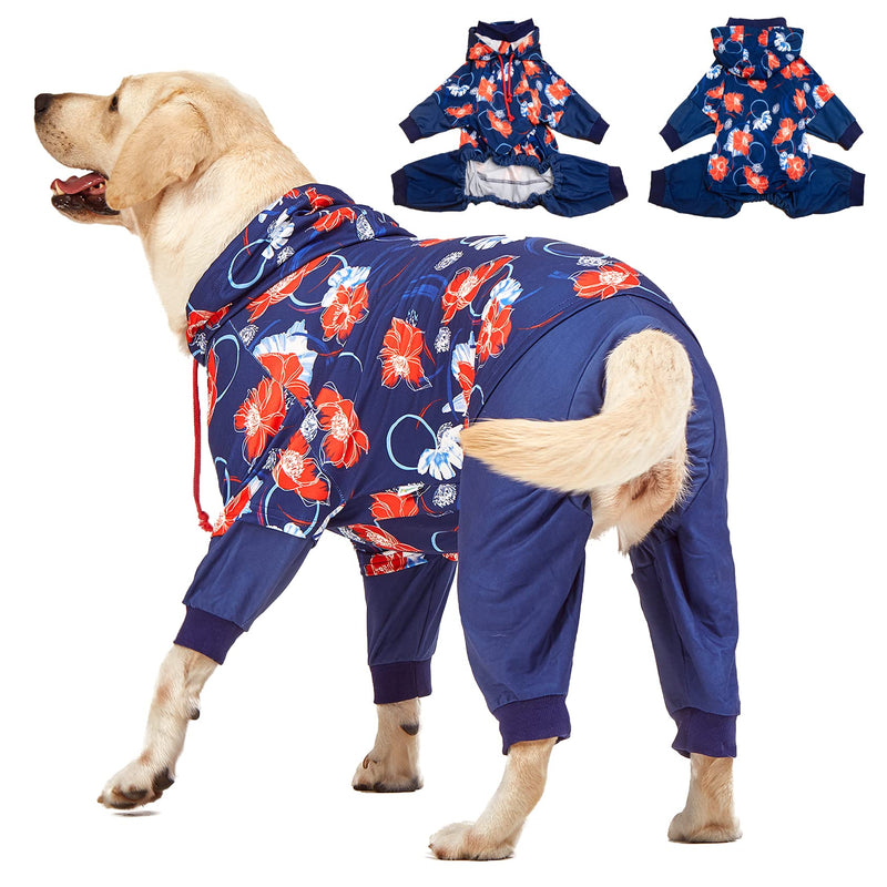 LovinPet Big Dogs Breeds Jammies, Wound Care/Post Surgery Clothes, Pet Anxiety Onesies for Dogs, Lightweight Stretchy, Large Breed Dog Pajamas, Reflective Stripe, Floral Navy & Red Print, Pet PJ's/XL X-Large Blue