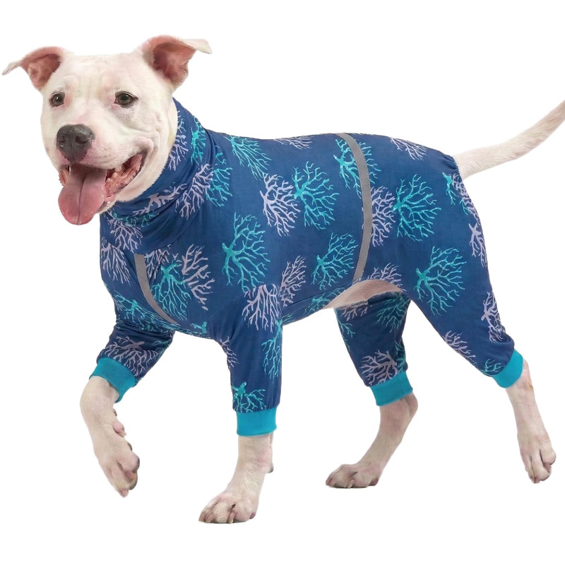 LovinPet Boxer Dogs Onesie Pajamas - UV Protection&Wound Care, Anxiety Relief, Lightweight Stretchy Fabric, Reflective Stripe, Coral Tree Print, Post Surgery Clothes, Pet PJ's/Large Large cyan - PawsPlanet Australia