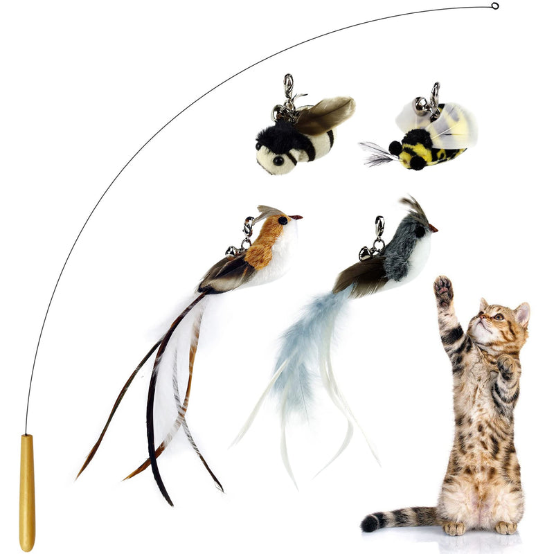 Cat Wand Toys, Interactive Cat Toys with 4 Feather Refills, 29'' Flexible Steel Wire, Sturdy Wood Handle & Bell, Interactive Cat Toy Wand Kitten Toys for Indoor Cats to Play Chase Exercise… Wood Handle Feather Toys（4 refills） - PawsPlanet Australia