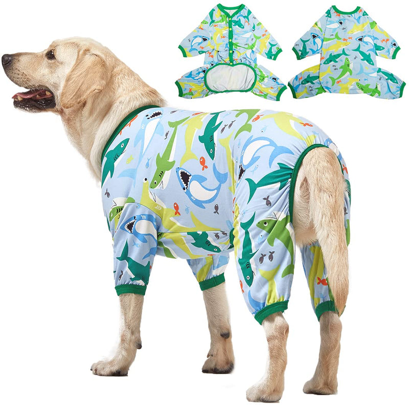 LovinPet Surgical Recovery Shirt for Large Dogs, Undershirt for Dog Coats, Lightweight Stretchy Knit Dog Onesie, Big Bites Turquoise Print Dog Jammies, UV Protection, Large Breed DogPj's, L Green/Blue Update - PawsPlanet Australia