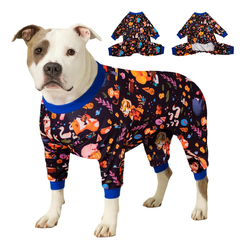 LovinPet Full Onesie for Large Dog, Lightweight Stretchy Fabric, Woodland Musicians Black Print, Pet Pajamas for Dogs, UV Protection, Lage Breed Dog Jammies, Pet PJ's, Pitbull Clothes, XL X-Large Black Blue - PawsPlanet Australia