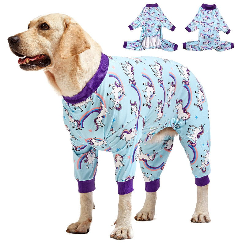 LovinPet Large Dog Pajamas PJS, Wound Care/Post Surgical Recovery Shirt for Big Dogs, Lightweight Stretchy Pullover Dog Onesie, Stop Shedding for Dogs, Magical Unicorn Rainbow Print, Pet PJ's, L Purple - PawsPlanet Australia