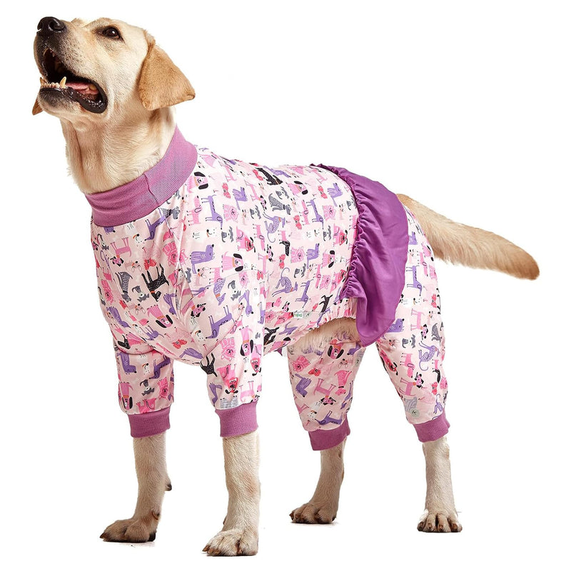 LovinPet Long Sleeve Onesie for Large Dogs, High Collar Cotton Dog Shirt, Anti-Shedding, Lightweight Stretchy Knit, Stop Shedding for Dogs, Pink Puppy Print, Shirt for under dog dresses, Pet Pj's, 2XL XX-Large Pink Purple