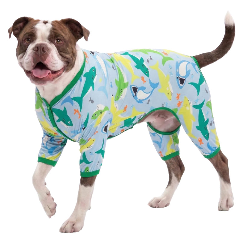 LovinPet Surgical Recovery Shirt for Large Dogs, Undershirt for Dog Coats, Lightweight Stretchy Knit Dog Onesie, Big Bites Turquoise Print Dog Jammies, UV Protection, Stop Shedding for Dogs, Medium Green/Blue Update