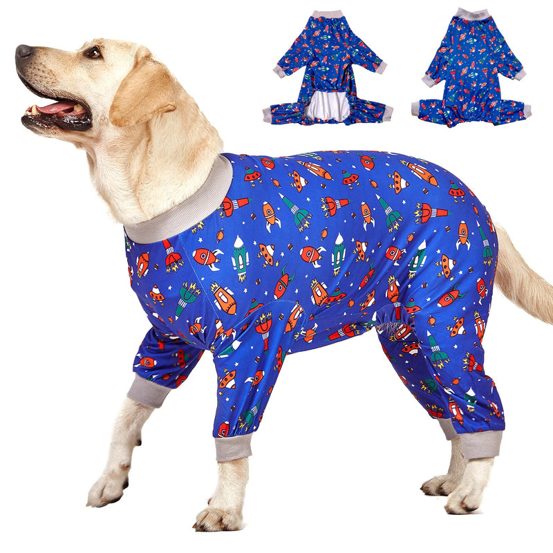 LovinPet Large Dog Pajamas, Navy Rocket and Spaceship Print, Lightweight Stretchy Knit Big Dog Pullover Shirt, Stop Shedding for Dogs, Onesies for Dogs, Pet PJ's Jumpsuit, PJ's for Pitbulls, 2XL XX-Large Grey Blue - PawsPlanet Australia