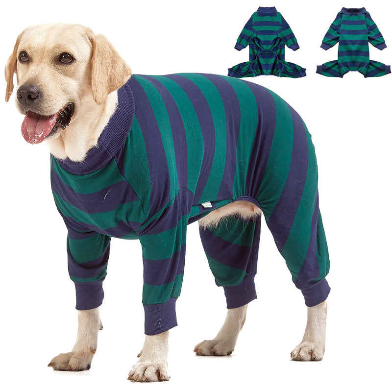 LovinPet Large Dog Pajamas Bodysuit, Lightweight Stretchy Knit Pullover Dog Onesie, Pet Pajamas for Dogs, Green and Black Stripe Print Dog Shirt, UV Protection, Stop Shedding for Dogs, Pet PJ's, 2XL XX-Large Green/Blue - PawsPlanet Australia