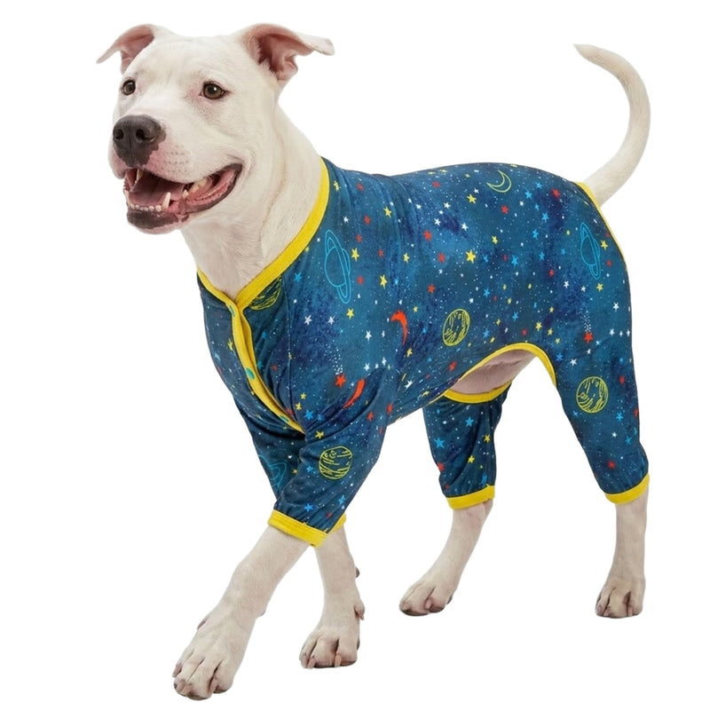 LovinPet Large Dog Surgery Recovery Shirt, Undershirt for Dog Coats, Anti Licking, Pitbull Clothes, Pet Anxiety Onesies, Navy Space Print, Pet Pajamas for Dogs, Pitbull Onesie, L Yellow collar/Blue