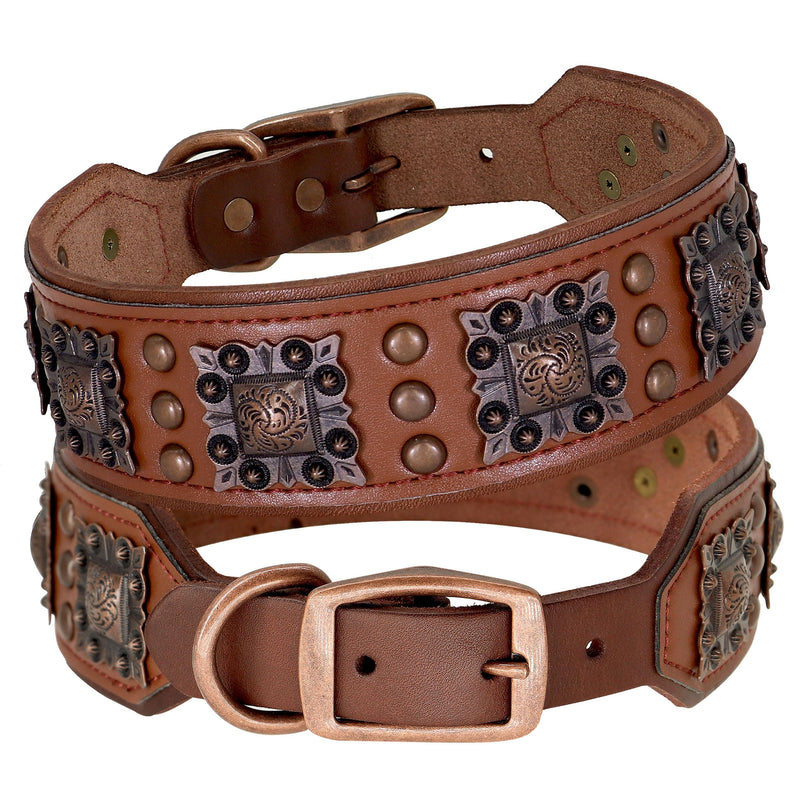PET ARTIST Stylish Genuine Leather Dog Collar,2 inch Wide Soft Padded Leather Dog Collar for Medium & Large Dogs,Hand Made with Rivet Studded,Brown,Neck 19-22" L:Neck 19"-22"(47-55CM),Width 2" Brown - PawsPlanet Australia