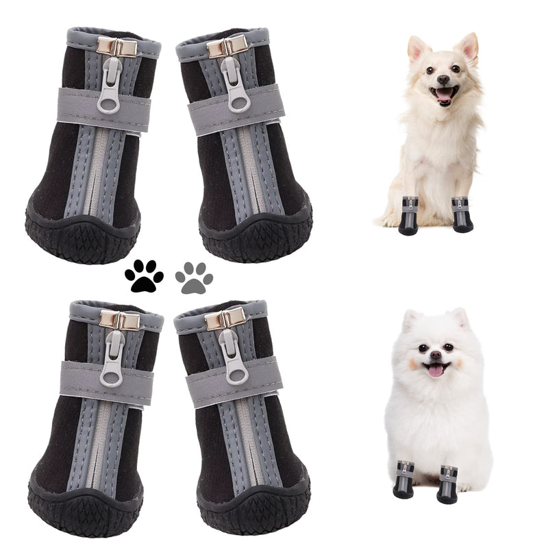 Dog Shoes for Small Dogs, Puppy Dog Boots & Paw Protector for Winter Snow Day, Summer Hot Pavement, Waterproof in Rain Weather, Ourdoor Hiking, Indoor Hardfloors with Anti Slip Sole 4PCS/Set Black-Grey #2 (width 1.29 inch) for 6.5-10 lbs