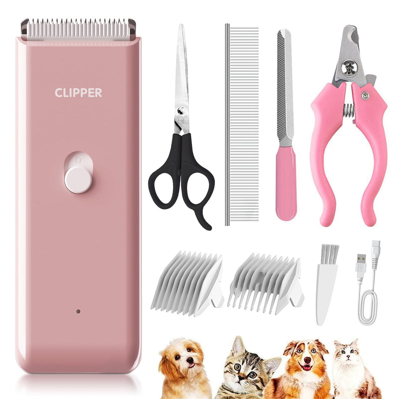 Pink Dog Cat Clippers, Home Professional Cordless Cat Grooming Tools for Dog Thick Coat Clippers, Low Noise Pet Hair Trimmer Kits with 9-Pieces Ap005-4acc-pink