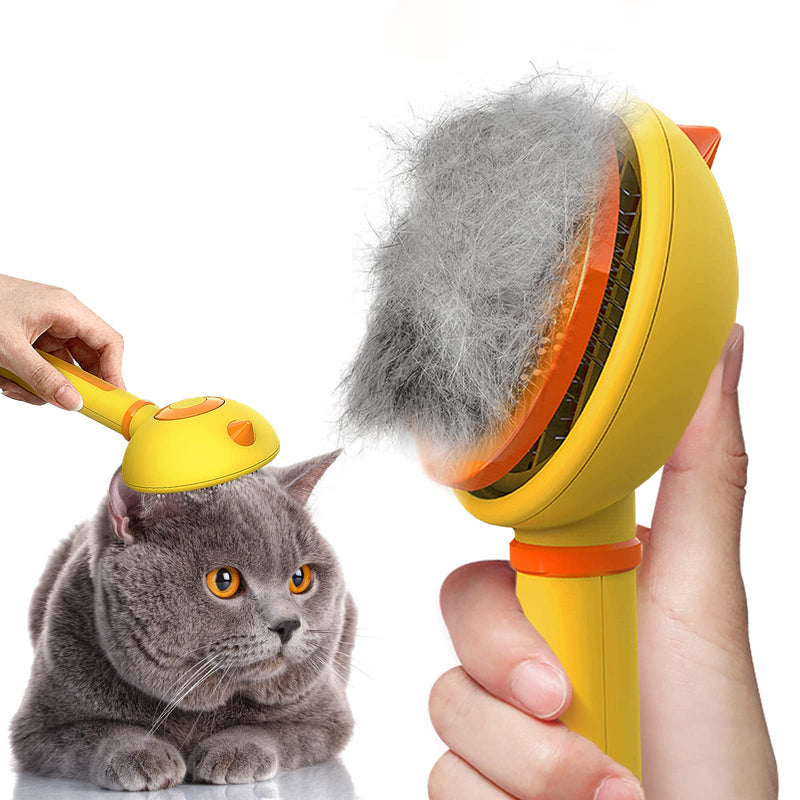 Cat Hair Brush with Release Button for Indoor Cats, Cat Grooming Brush for Long or Short Hair Dogs, Cat Combs for Pet Massage Self-Cleaning Cat Hair Brush Yellow