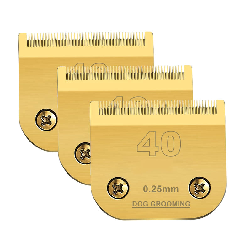 3PC 40 Clipper Blade Dog Grooming Compatible with Andis Clippers Carbon Infused Steel Detachable Ceramic Sharp Compatible with Wahl Compatible with Oster Dog Clippers 1/100" 0.25mm Cut Length,(Gold)
