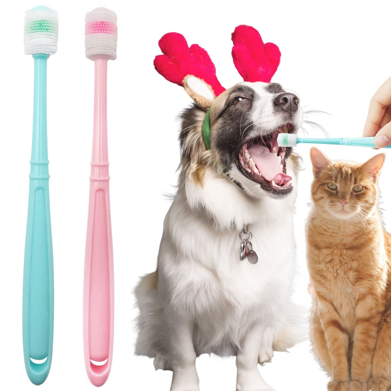 BLMHTWO 2 Pieces Cat Toothbrush, Small Dog Toothbrush 360-Degree Dog Toothbrush Small with Independent Transparent Packaging Box and PP Handle Silicone Dog Toothbrush for Small Dogs (Green and Pink) - PawsPlanet Australia
