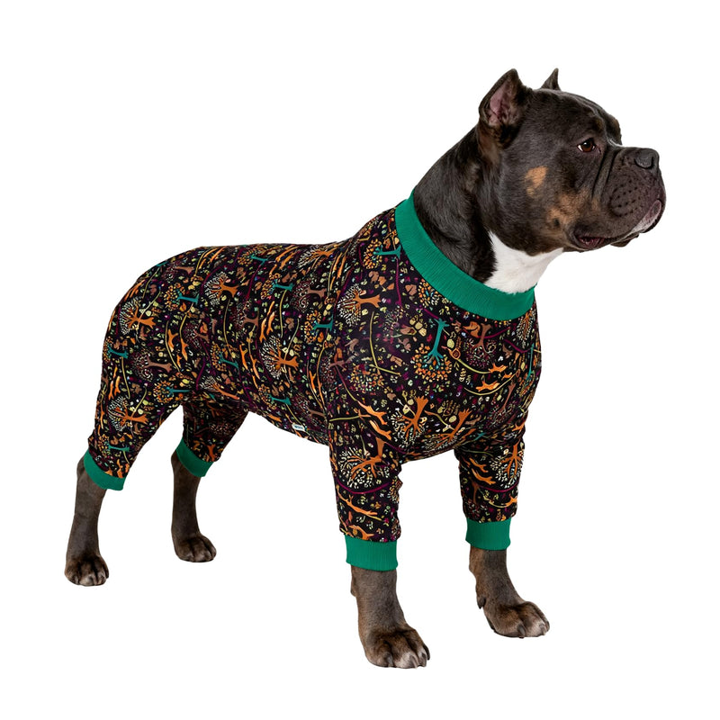 LovinPet Large Dog Pajamas Pitbull - Comfy Lightweight Stretchy Fabric, Norwegian Woods Print, Surgery Recovery Outfit for Dogs, Easy to Wear Adorable Dog Clothes, Pitbull Clothes, Black Green L