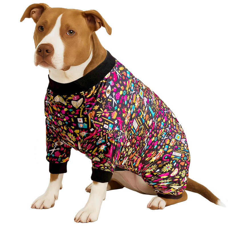 LovinPet Pet Pajamas for Pit Bulls, Full Coverage Dog Pjs with Black Trim, Decoupage Ink Print, Post Surgery Shirt, UV Protection, Pet Anxiety Relief Shirt, Large Dog Jammies, Pitbull Clothes, L Yellow Black - PawsPlanet Australia