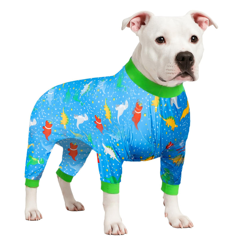 LovinPet Dog Post Surgery Onesie - Large Dog Pjs, Lightweight Stretchy Fabric, Blue Dinosaur Print, Sun Protection, Pitbull Clothes, Pet Anxiety Relief Shirt, Pet Pajamas for Dogs, Green Blue XL X-Large Blue Green - PawsPlanet Australia