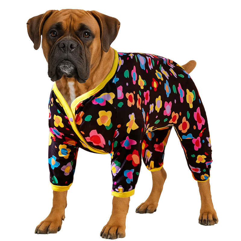 LovinPet Clothes for Labrador Pajama, Anxiety Calming Shirt,Anti Licking Dog Pajamas, Lightweight Fabric, Vintage Happy 2 Quilted Multi Print, Large Dog Pjs, Pitbull Clothes, Black Yellow 2XL XX-Large - PawsPlanet Australia