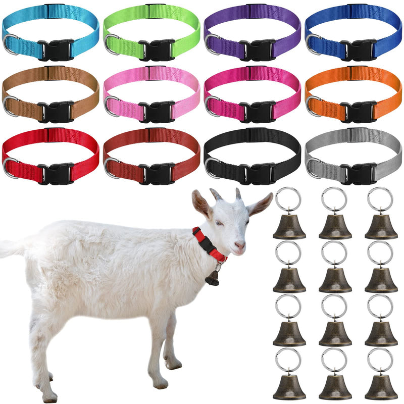 12 Sets Goat Collars with Bells Horse Sheep Grazing Cow Bells Adjustable Nylon Dog Bell Collar with Quick Release Buckle Anti Lost Pet with Copper Bell for Small Farm Animal Sheep Accessories - PawsPlanet Australia