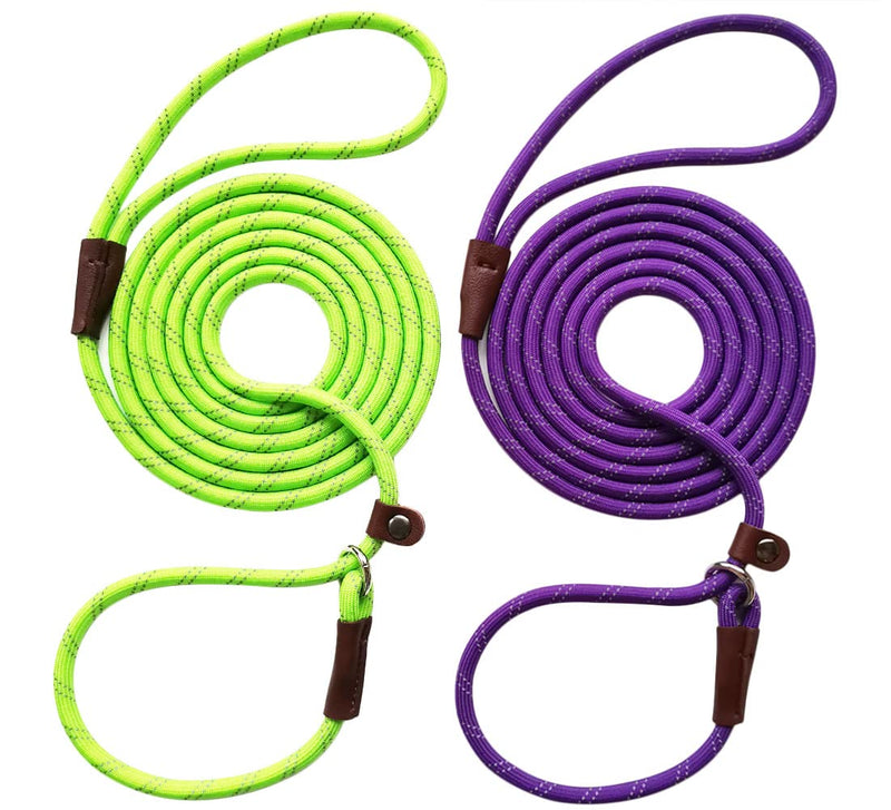 WYUZE 2 Pack 8 ft Slip Lead Dog Leash, Reflective No Pull Dog Training Lead, 1/3" Nylon Rope Slip Leash for Small Medium Dogs Purple+Green 8 Foot - PawsPlanet Australia