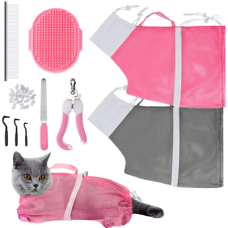 JULMELON Cat Washing Bag 10 PCS Set, Adjustable Cat Shower Net Bag and Pet Grooming Brush with Nail Clipper Nail File Hair Combs Tick Tool Nail Caps for Bathing Nail Trimming Examination(Pink+Grey) Pink+Grey - PawsPlanet Australia